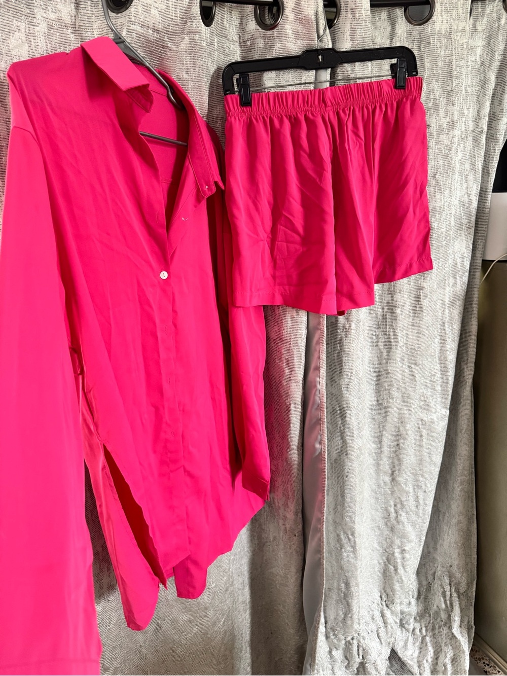 Bright Hot Pink Button-Up Shirt and Elastic Waist Shorts Set
